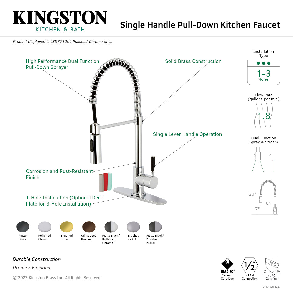 Kingston Sona LS8773DKL - Kaiser Single-Handle 1-Hole Deck Mount Pre-Rinse Kitchen Faucet, Brushed Brass — thumbnail 2